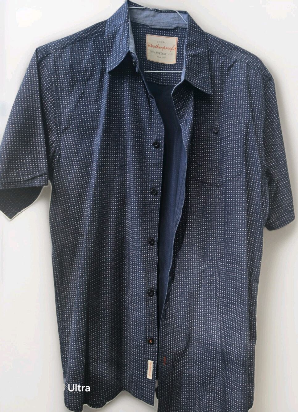 Weatherproof Vintage Shirt Mens L Blue Geometric Print Short Sleeve Button Up